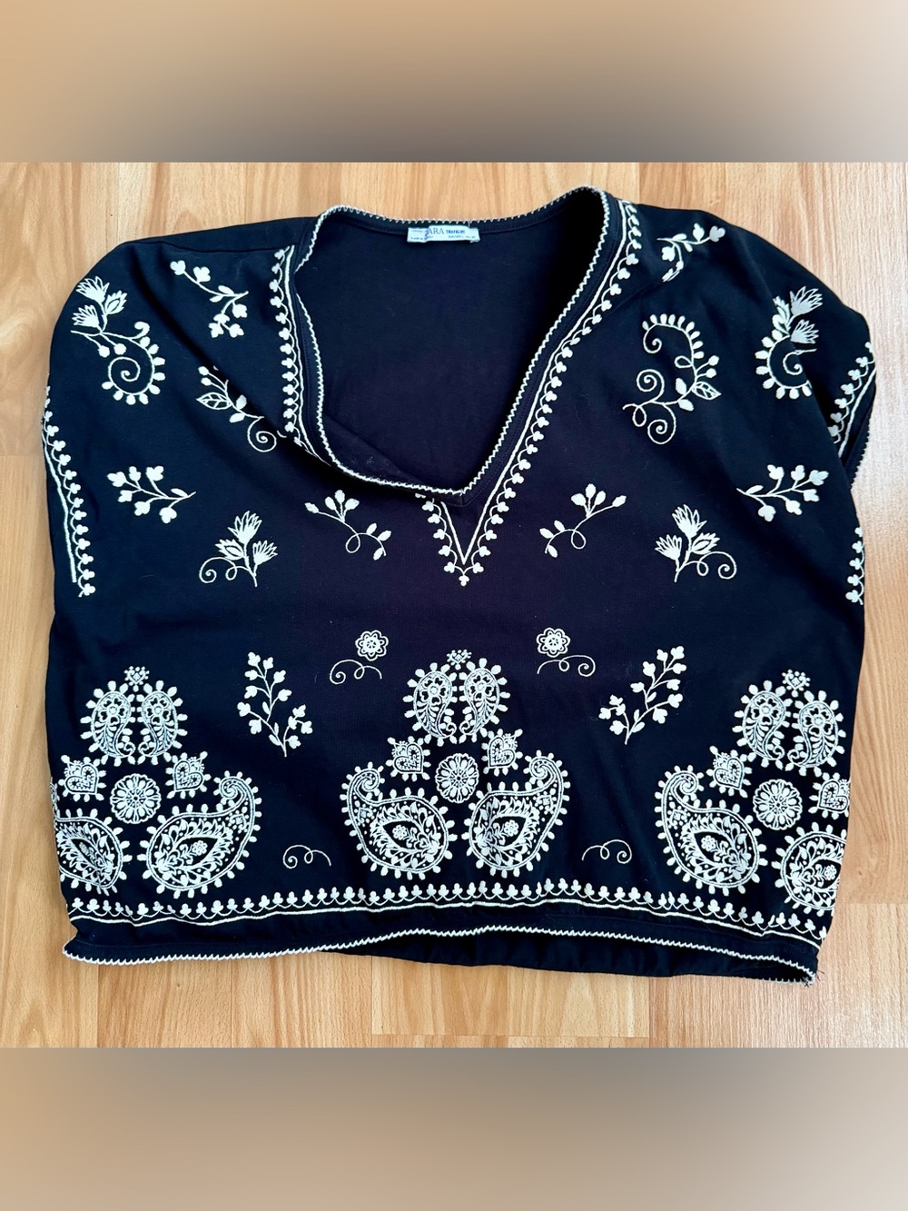 Zara Black Top with White Embroidered Floral Detail
